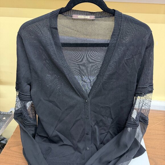 Roberto Cavalli Black Sheer Lace Sleeve Button-Front Cardigan – Size 8